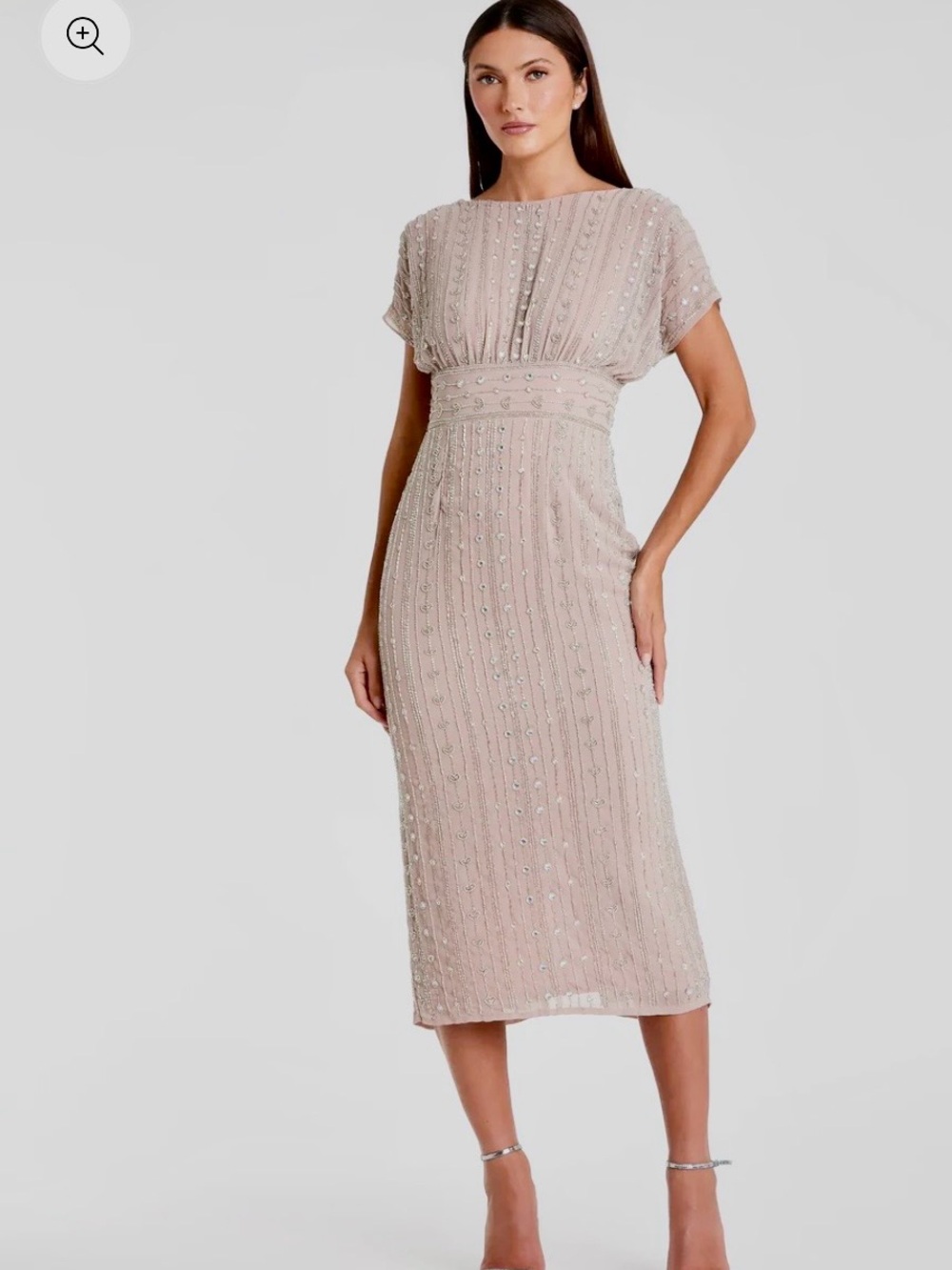 Beaded Champagne/Blush Midi Dress with Dolman Sleeves